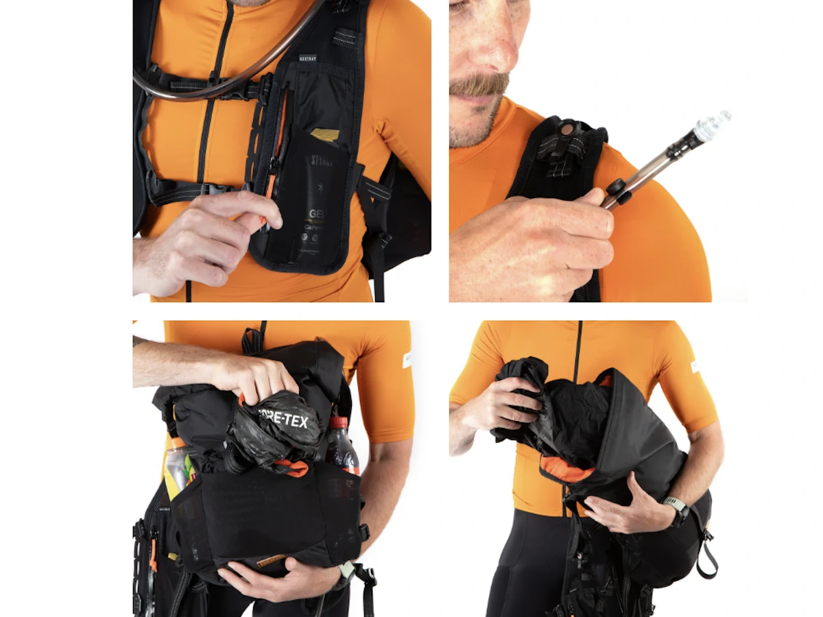 Close-up van de Restrap Rolltop Hydration Vest met details van de afwerking