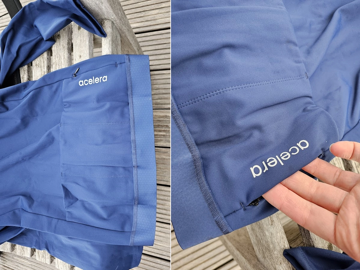 Detailfoto van de stof en naden van het Acelera dames fietsjack blauw-zwart